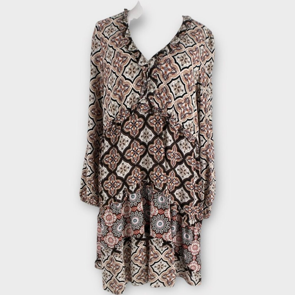 Anthropologie Boho Western Tiered Swing Mini Knee Length Dress Long Bell Sleeves